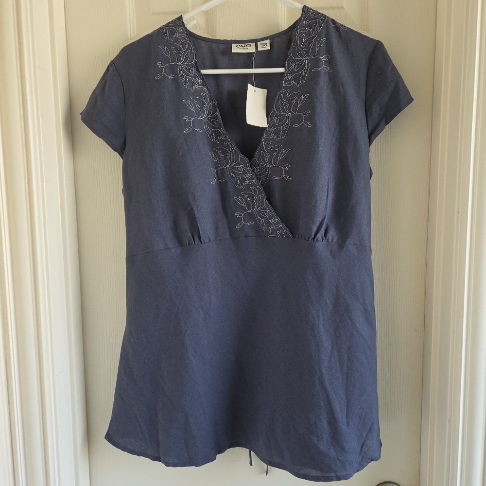 Cato Navy Blue Linen Blend Embroidered V-Neck Tunic Top Empire Waist Size 14/16W